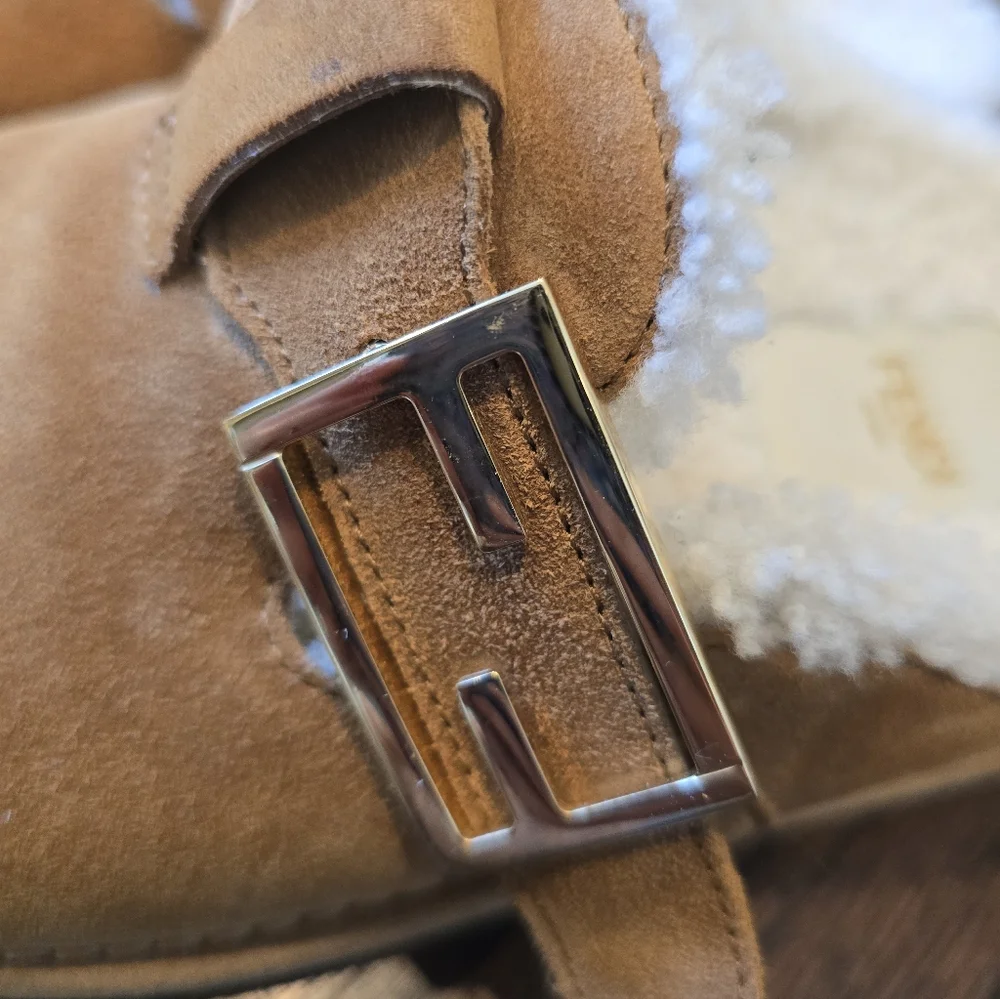 FENDI Feel FF Shearling Buckled Sabots Mules Slides Flat Clog Sandals - Picture 8 of 8